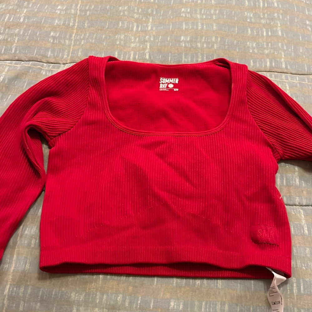 sommer ray red ribbed long sleeve crop top